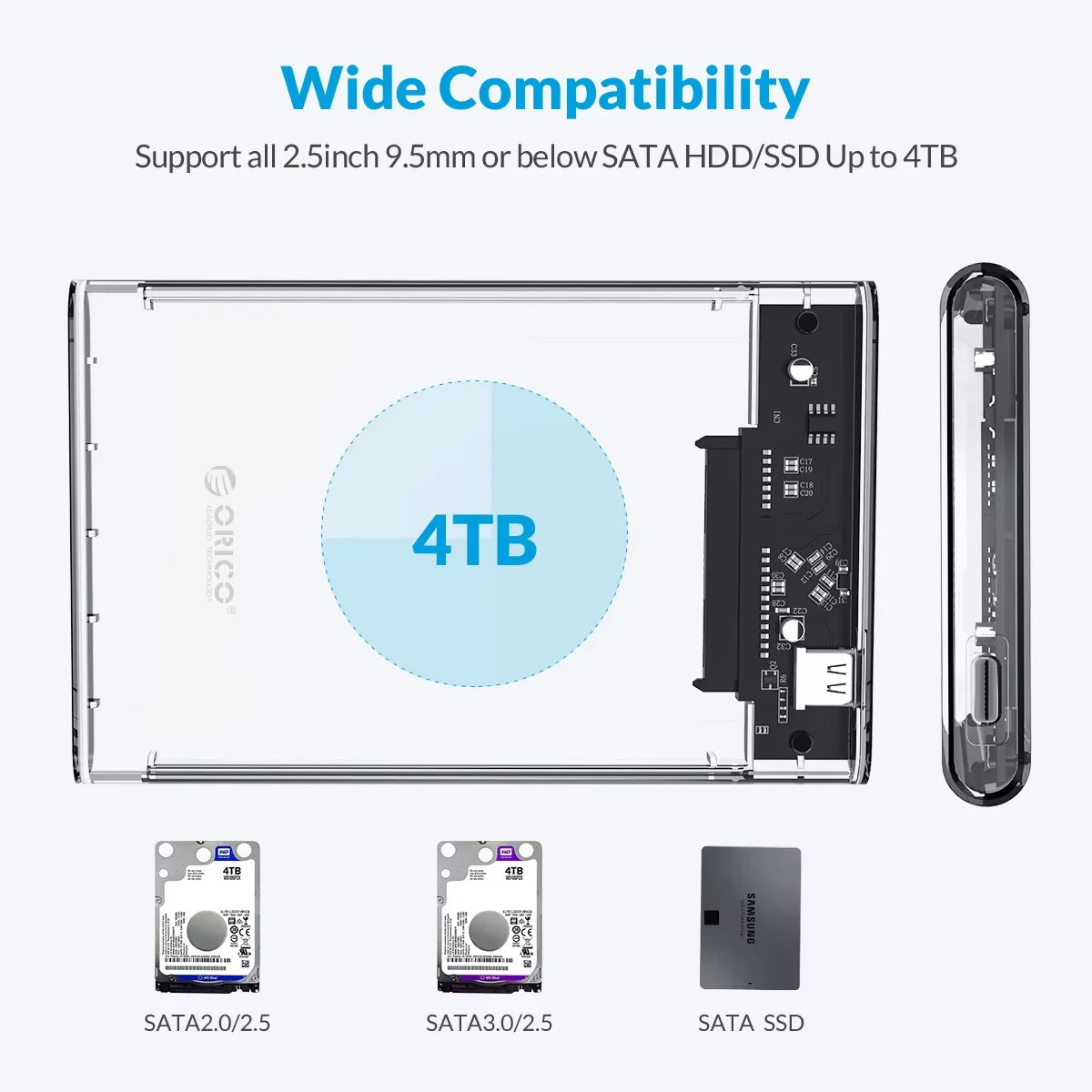 2.5-Inch SATA to USB3.0 Type-C HDD Enclosure — Tool-Free External Hard Drive Case (Up to 6TB, UASP)