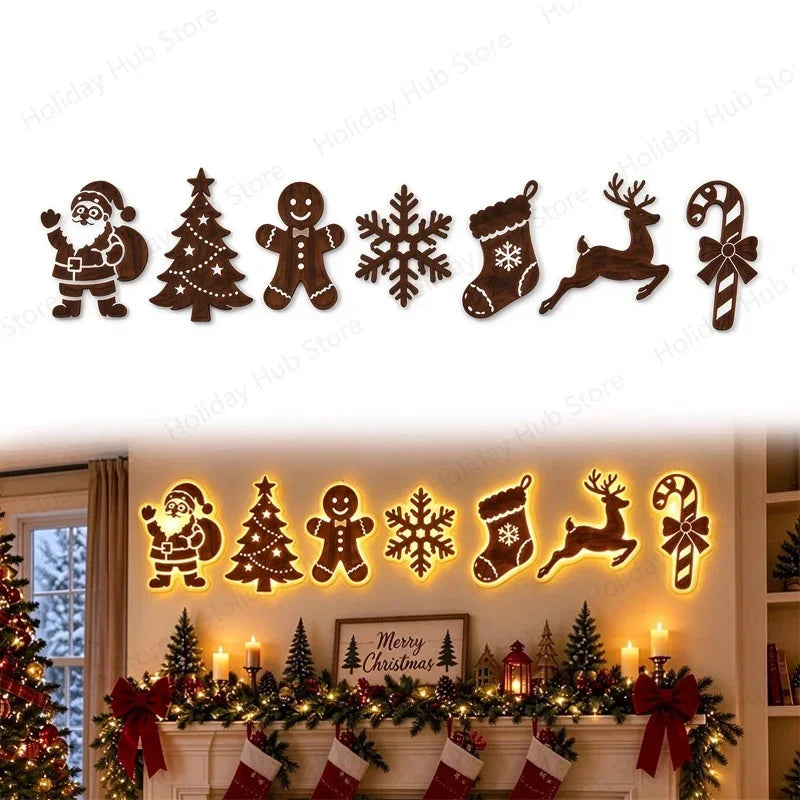 LED Light-Up Wooden Reindeer & Santa Sleigh Wall Decor with Remote — Battery Powered Christmas Wall Stickers