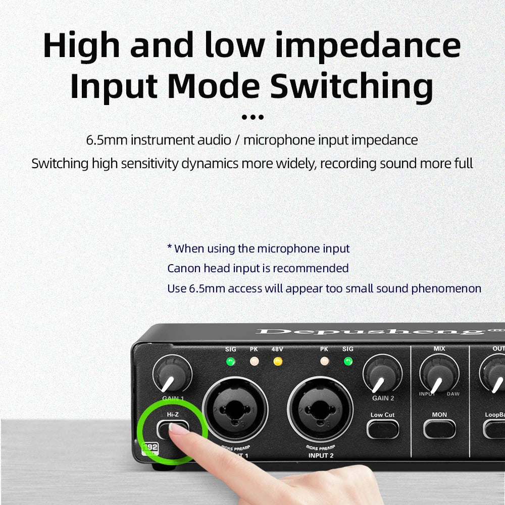 USB Audio Interface 2-In/2-Out with 48V Phantom Power — Low-Latency Recording & Live Monitoring for Guitar, Vocals, Podcasting