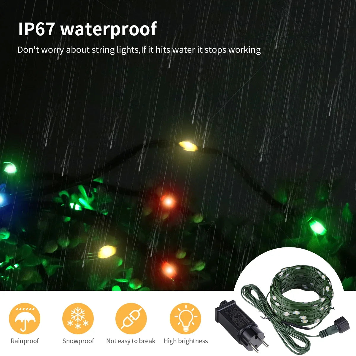 Holiday & Christmas Outdoor LED String Lights - Green PVC, Waterproof IP65, 8 Modes, 10–100 m (33–328 ft)