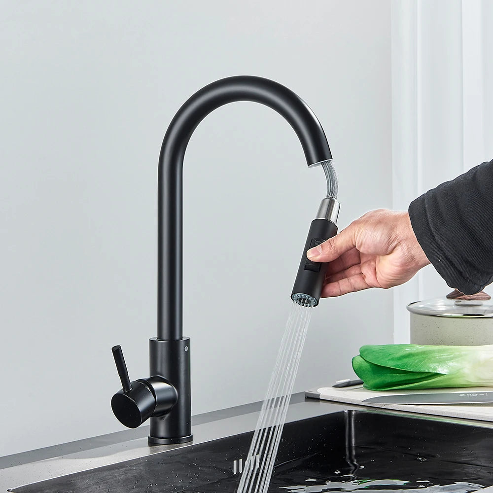 Black Pull-Out Kitchen Faucet Single-Handle Two-Function Deck-Mounted Mixer Hot and Cold