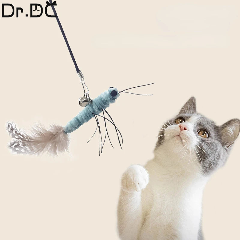 Dragonfly Feather Cat Teaser Toy with Detachable Wand and Bell, Interactive Cat Toy