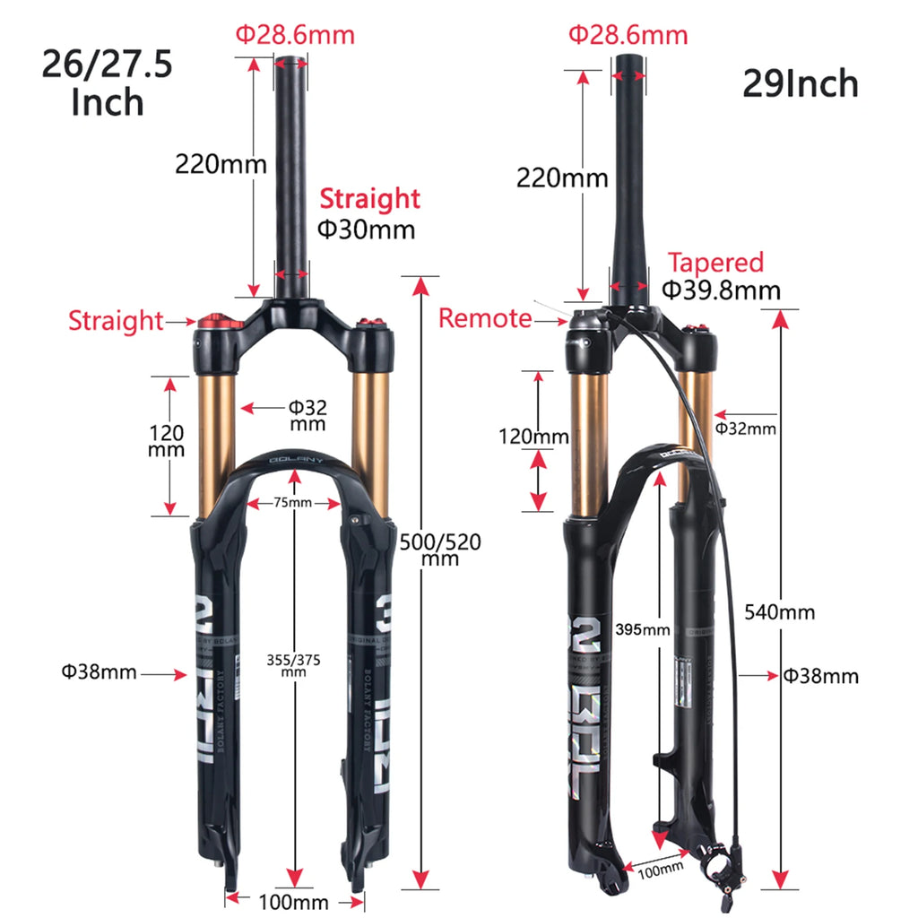 Mountain Bike Air Suspension Fork 26/27.5/29 Inch 100mm Travel (120mm Exposed) Air & Oil Damping Remote Lockout 9mm Axle 32mm Stanchions Disc Brake