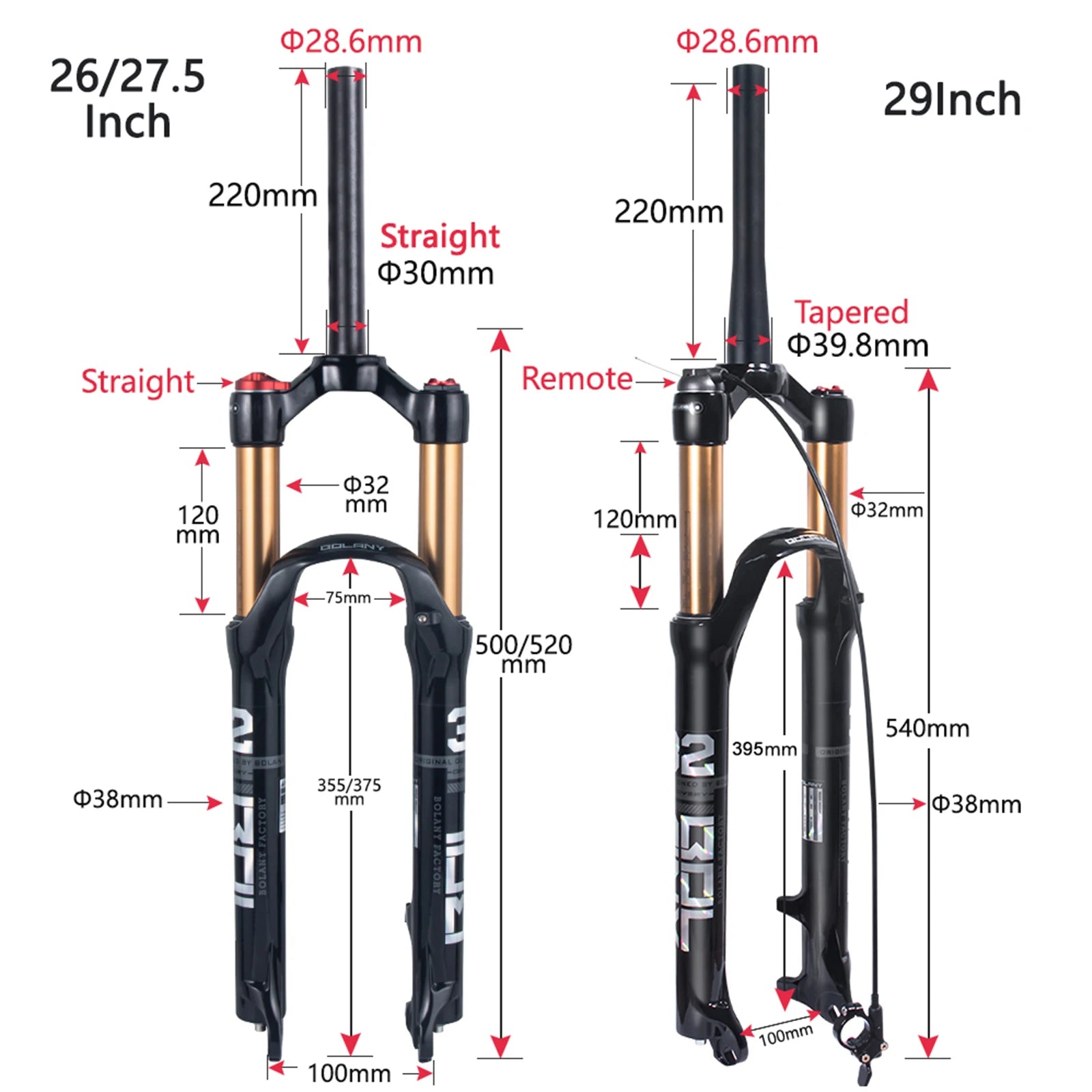 Mountain Bike Air Suspension Fork 26/27.5/29 Inch 100mm Travel (120mm Exposed) Air & Oil Damping Remote Lockout 9mm Axle 32mm Stanchions Disc Brake