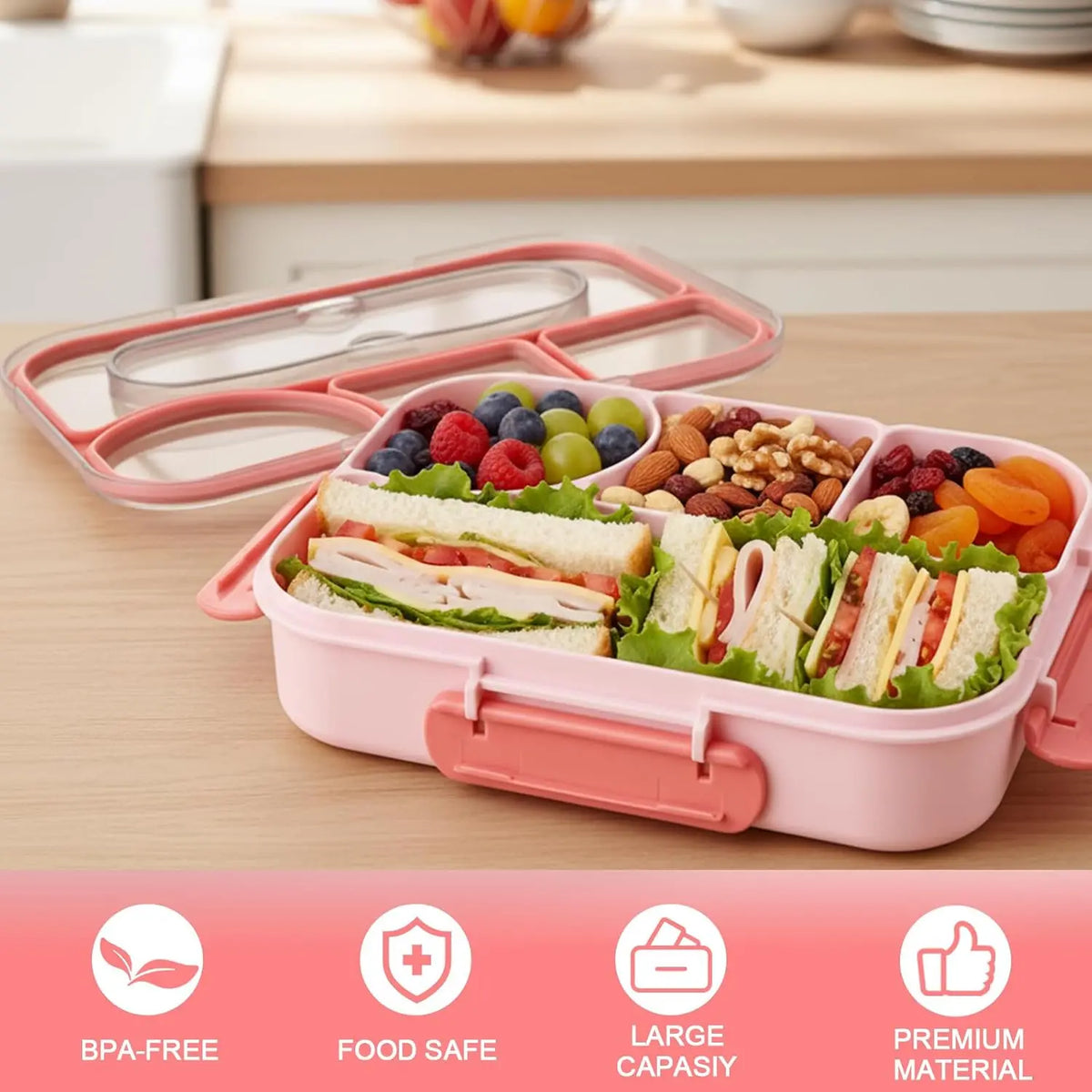 4-Compartment Bento Lunch Box 1000 ml (23 x 17 x 5 cm | 9.1 x 6.7 x 2.0 in) Reusable Leakproof Microwave & Dishwasher Safe