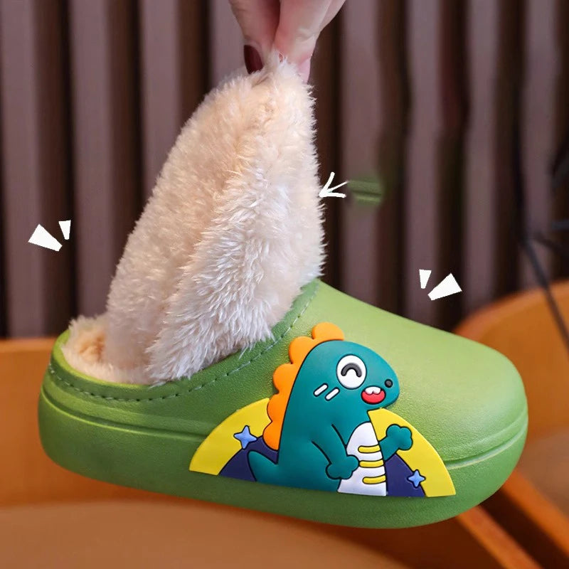 Unisex Kids Plush Waterproof Slippers - Thickened Anti-Slip Animal Print Home Slippers for Boys & Girls, Sizes 16–37 (12–22.5 cm / 4.7–8.9 in)