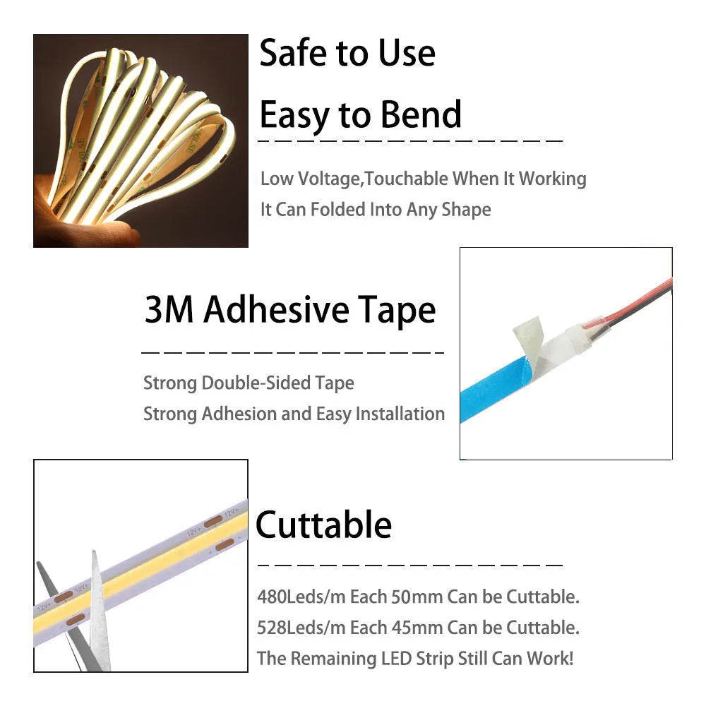 COB LED Strip Light High-Density 480/528 LEDs/m Flexible 8mm/10mm Tape Warm/Natural/Cool White + RGB DC12/24V