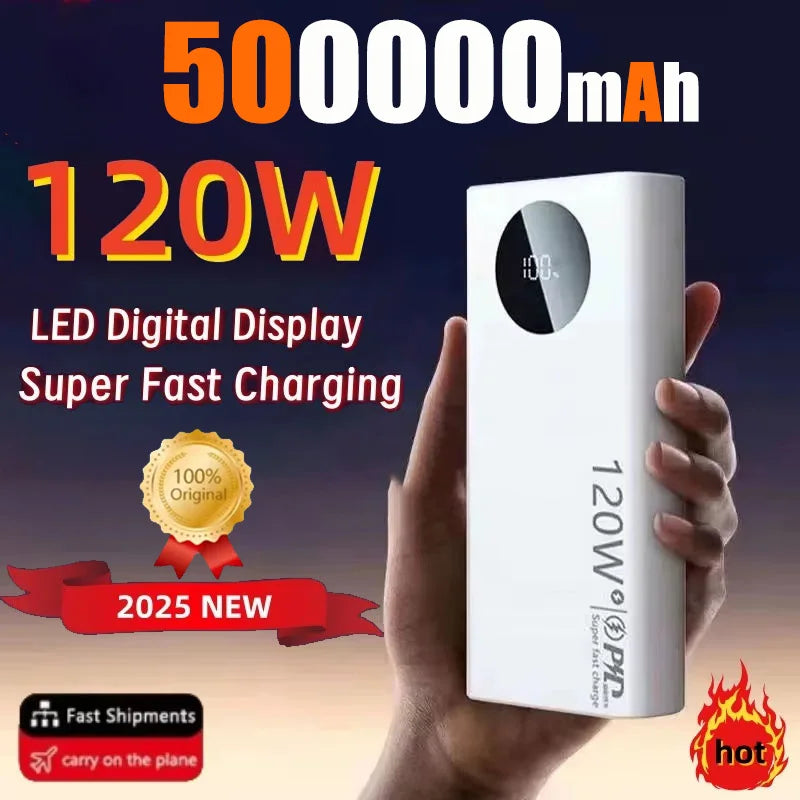 120W Fast Charging Power Bank – 50,000 / 100,000 / 200,000 mAh Portable Charger with Built-In Cable, USB-C & Dual USB, LED Display