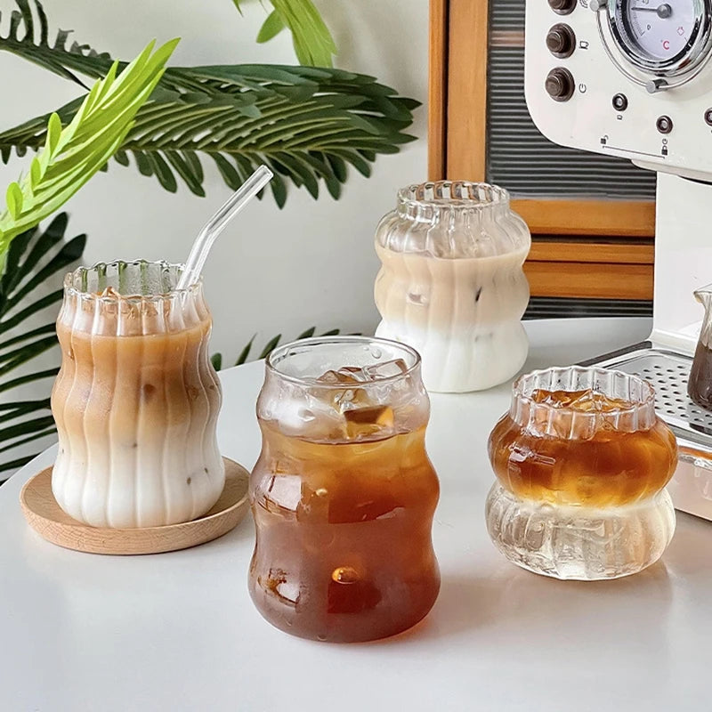 Wave Ripple Glass Tumbler - Transparent Iced Coffee & Milk Tea Cup, 280 ml (9.5 fl oz) & 530 ml (18 fl oz)