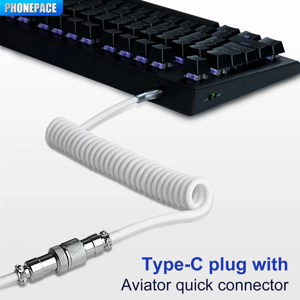 Coiled USB-C Keyboard Cable with Detachable Aviator Connector — 3 m (9.8 ft) Mechanical Keyboard Cord