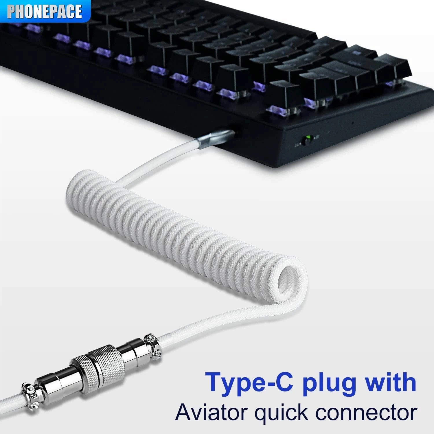 Coiled USB-C Keyboard Cable with Detachable Aviator Connector — 3 m (9.8 ft) Mechanical Keyboard Cord