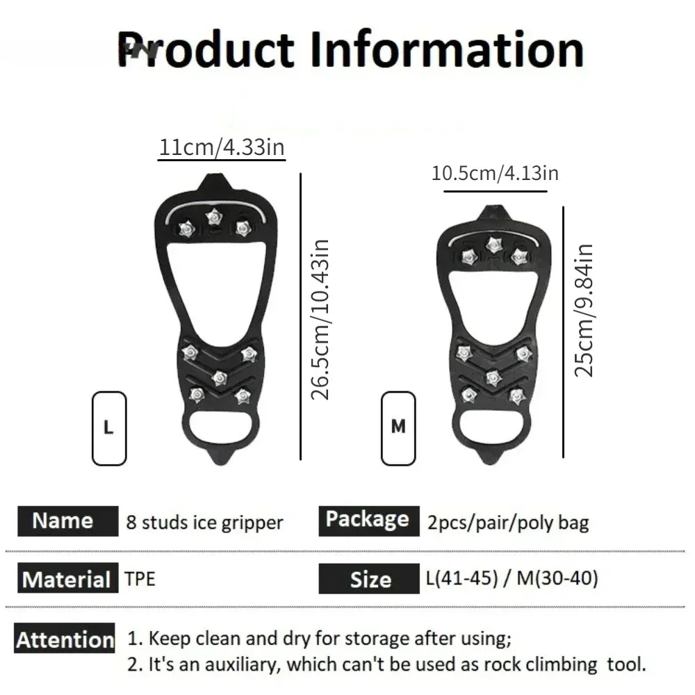 8-Teeth Ice Grippers for Shoes — Winter Anti-Slip Crampons (M, L) Traction Cleats for Hiking & Snow