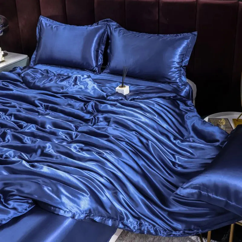 Ice Silk Satin 4-Piece Duvet Cover Set – Silky Solid Color Bedding (Duvet Cover + 2 Pillowcases + Sheet), Fits 1.5–2.2 m (5–7 ft) Beds