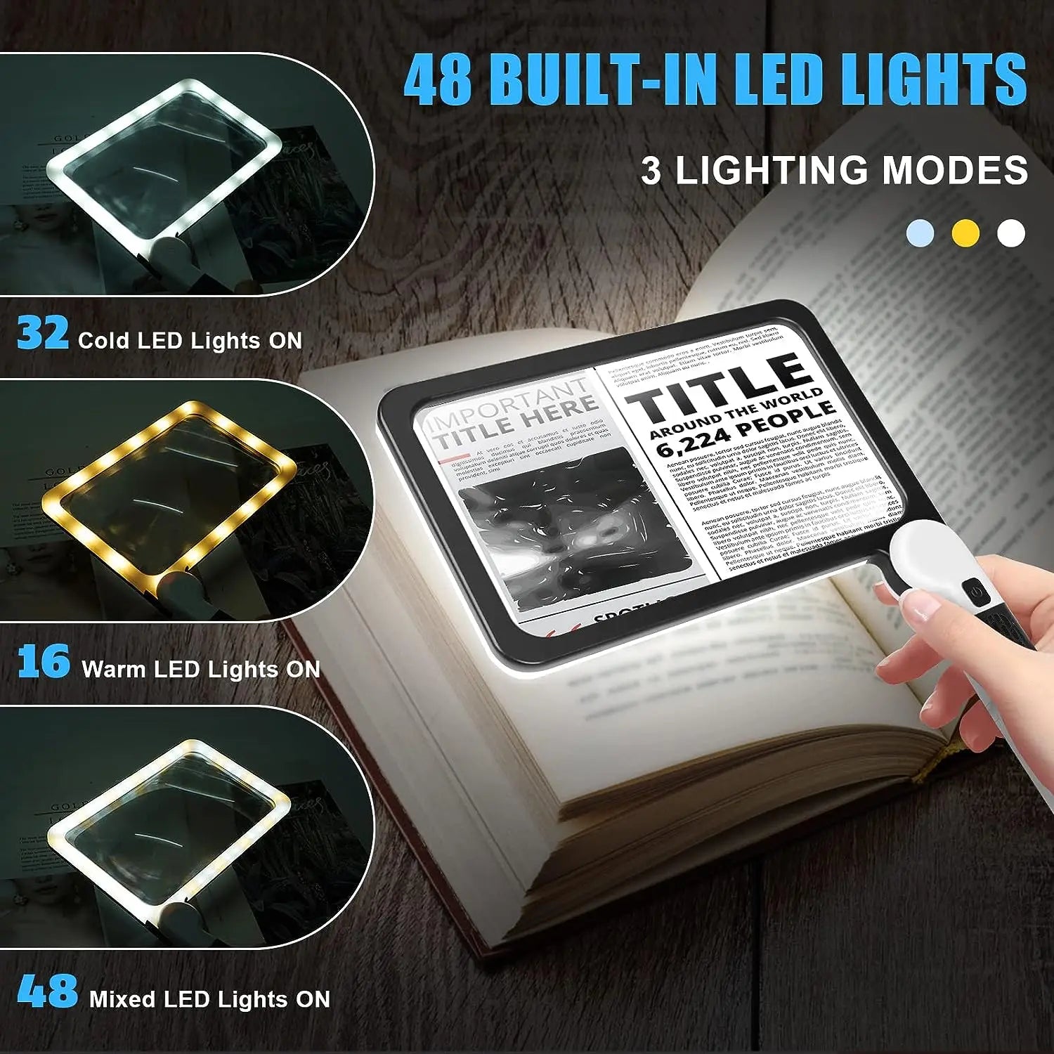 5X Rectangular Reading Magnifier 7.3 x 4.4 in (18.5 x 11.2 cm) – 48 LED Dimmable Light, Foldable Handheld for Seniors & Low Vision