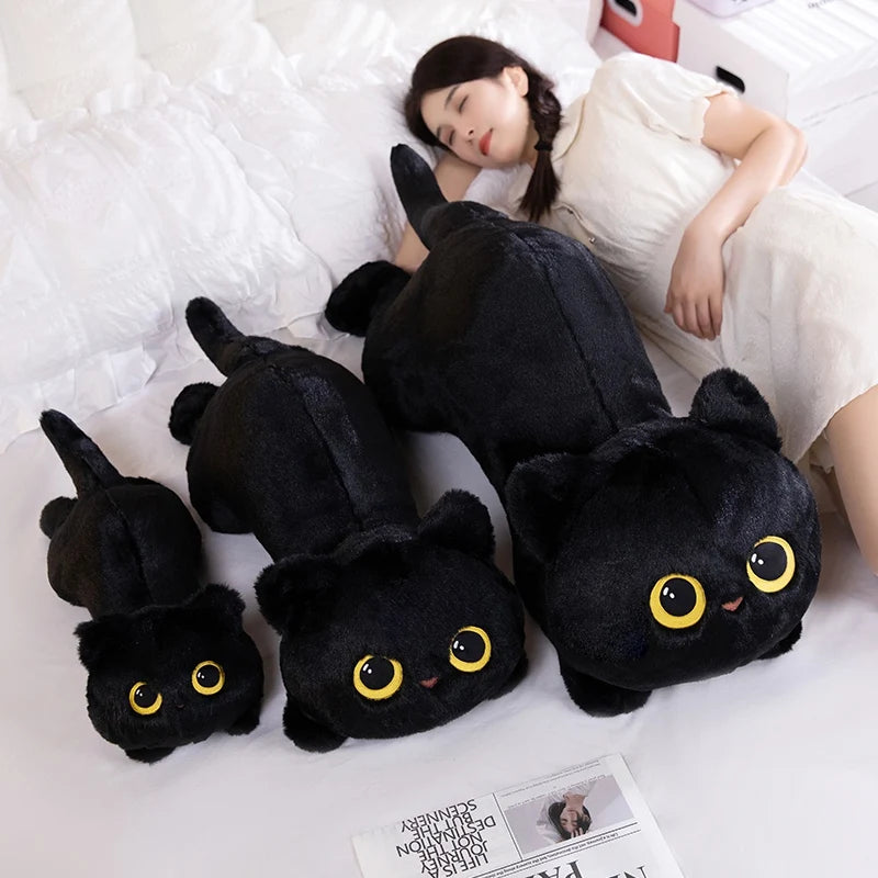 Cute Black Cat Plush Pillow – Soft Stuffed Lying Cat Cushion, 50/70/90 cm (19.7/27.6/35.4 in) – Birthday Gift