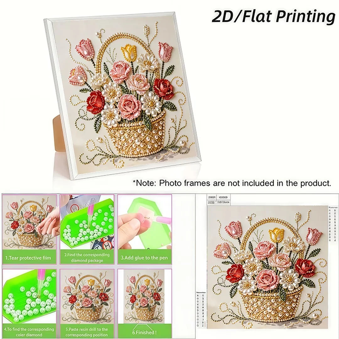 Pearl Flower Diamond Painting Kit, Frameless Partial Drill, Round Resin Beads, 1 Set