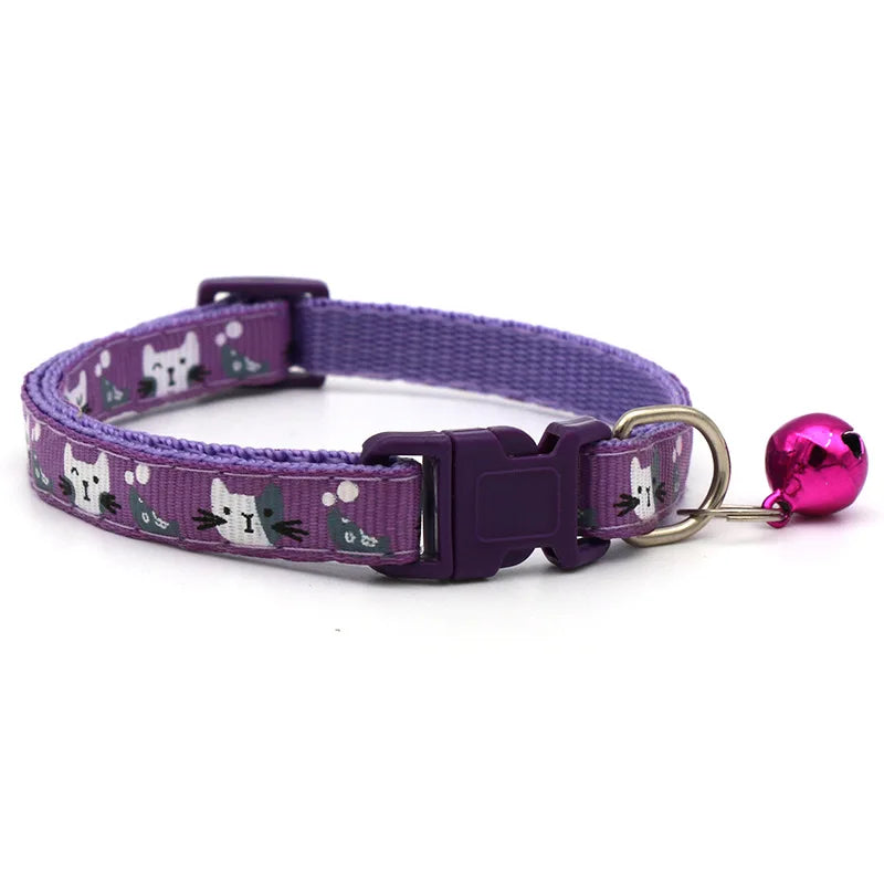 Adjustable Cat & Small Pet Collar with Bell — Colorful Cat Pattern, 19–32 cm (7.5–12.6 in), 1 cm (0.39 in) Width
