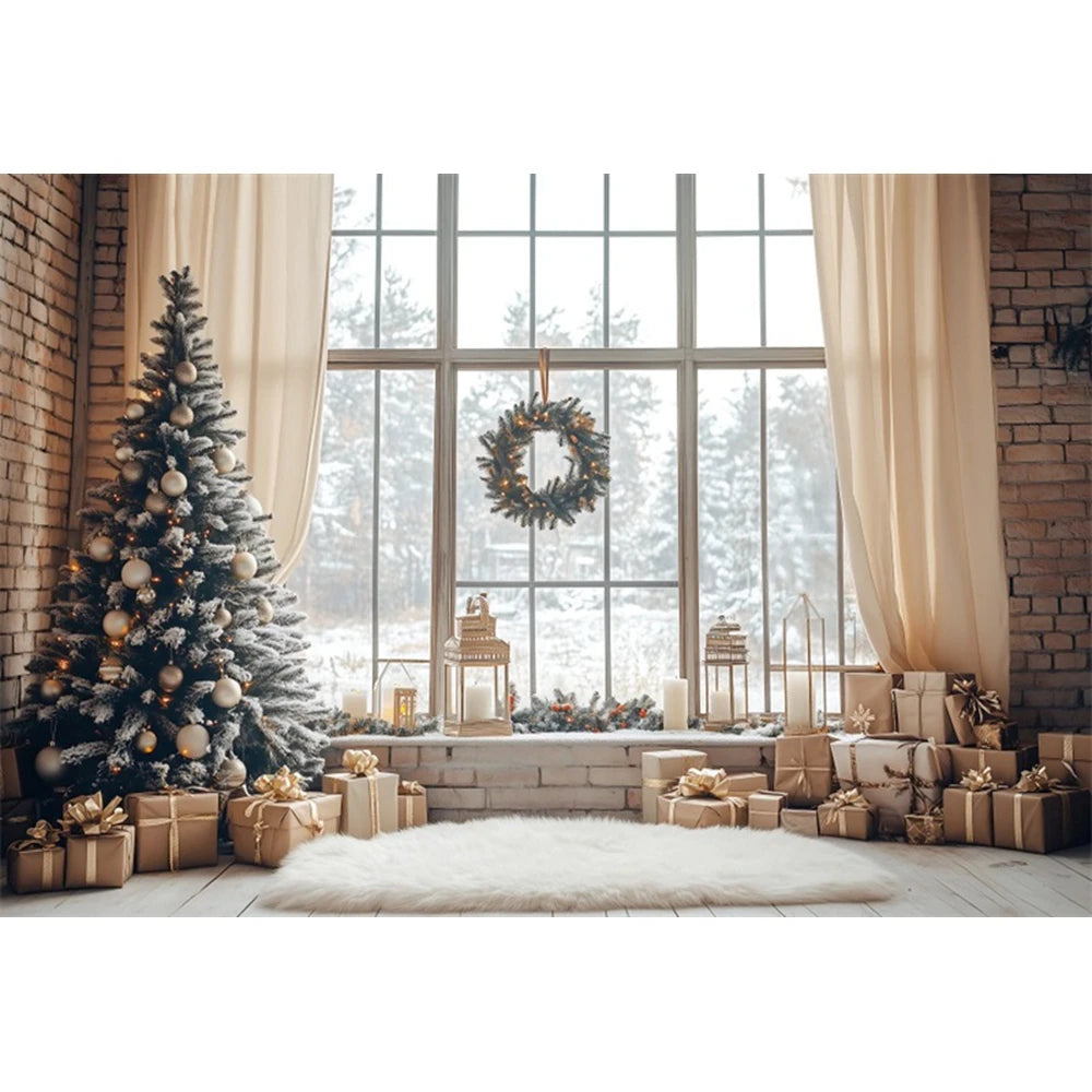 Christmas Fireplace Photography Backdrop — Gingerbread House & Wooden Window Holiday Photo Background for Kids & Family