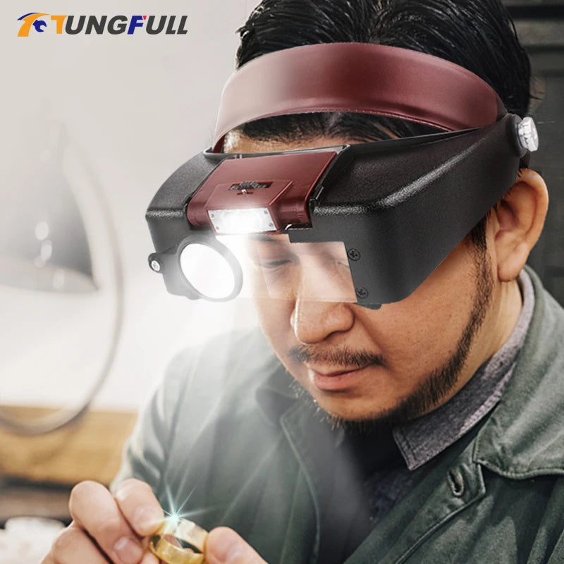 LED Head Magnifier 1.5x–10x Adjustable Headband Magnifying Glass for Watch Repair, Jewelry, Reading & Crafts