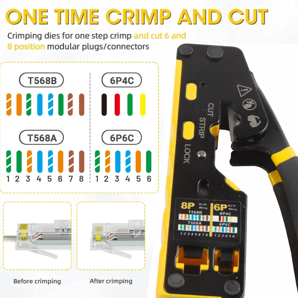 Through-Hole Wire Crimper 8P/6P Dual-Use Punch-Down Pliers for RJ45 & RJ11 Modular Plugs