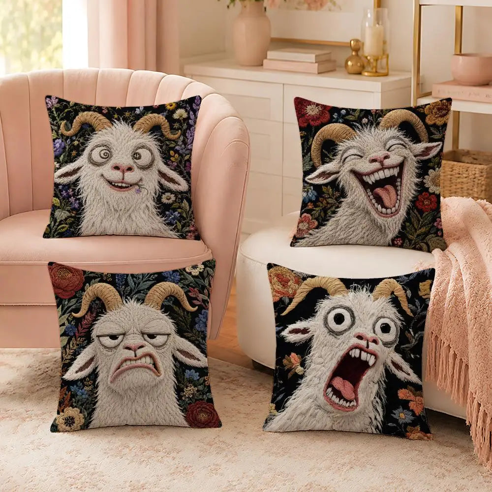 Funny Screaming Goat Plush Pillow Cover — Short Plush Cushion Case, Breathable & Washable with Invisible Zipper