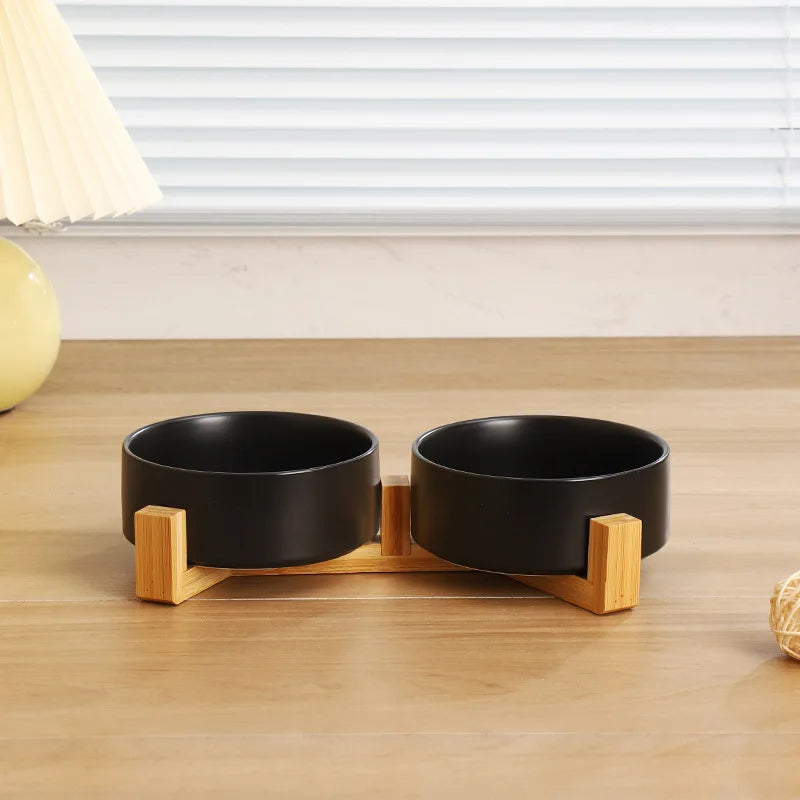 Elevated Ceramic Pet Bowl with Bamboo Wood Stand – 300ml (11cm/4.3 in) & 400ml (13cm/5.1 in) Dog & Cat Feeding Bowl
