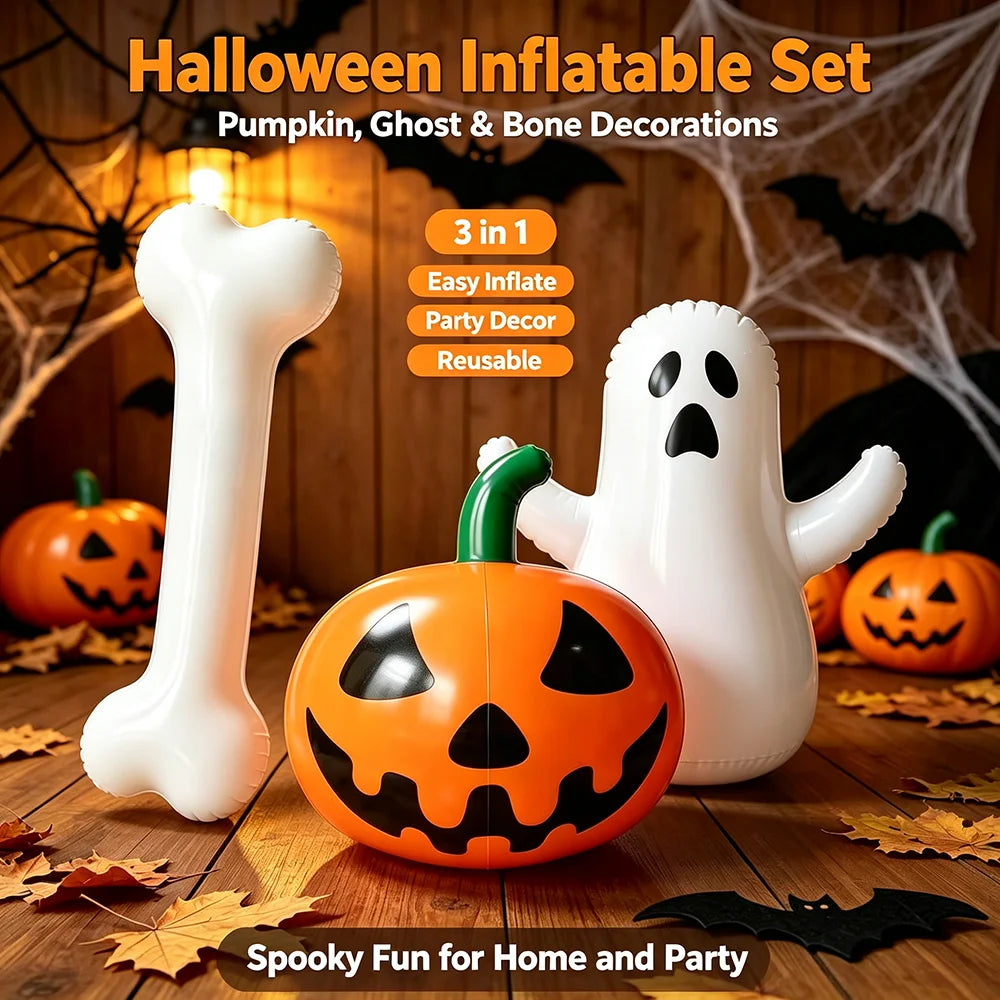 Halloween Inflatable Decor Set 39.4 in (100 cm) Pumpkin Ghost Bone Party Decorations