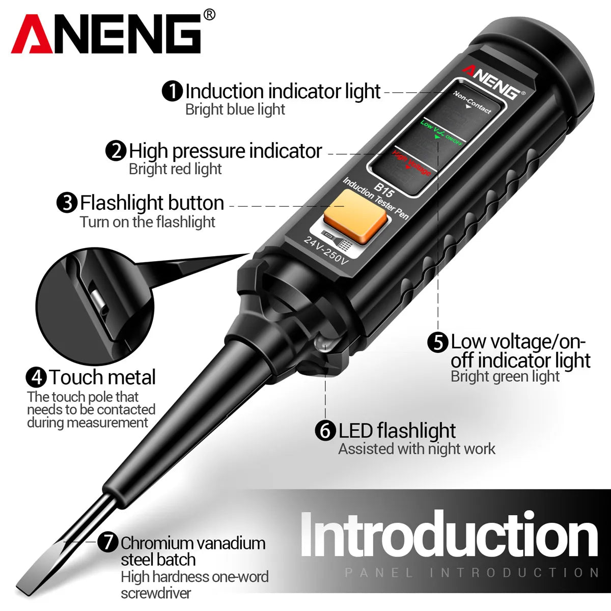 Non-Contact Voltage Test Pen with LED Flashlight – 24–250V AC/DC Induction Electrician Test Screwdriver