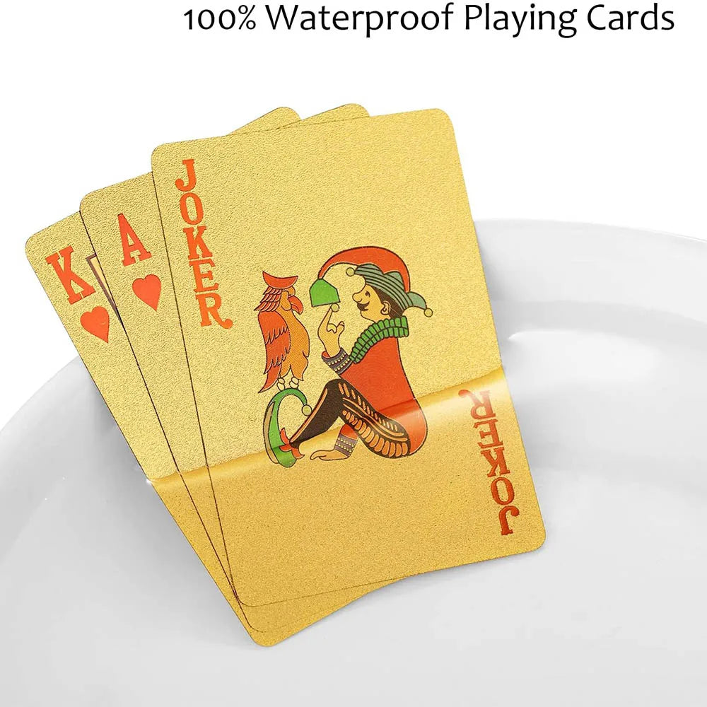 Waterproof Gold Plastic Poker Playing Cards – 52+2 Standard 2.25 x 3.45 in (57 x 87 mm) Washable Durable Cards for Party, Beach & Travel