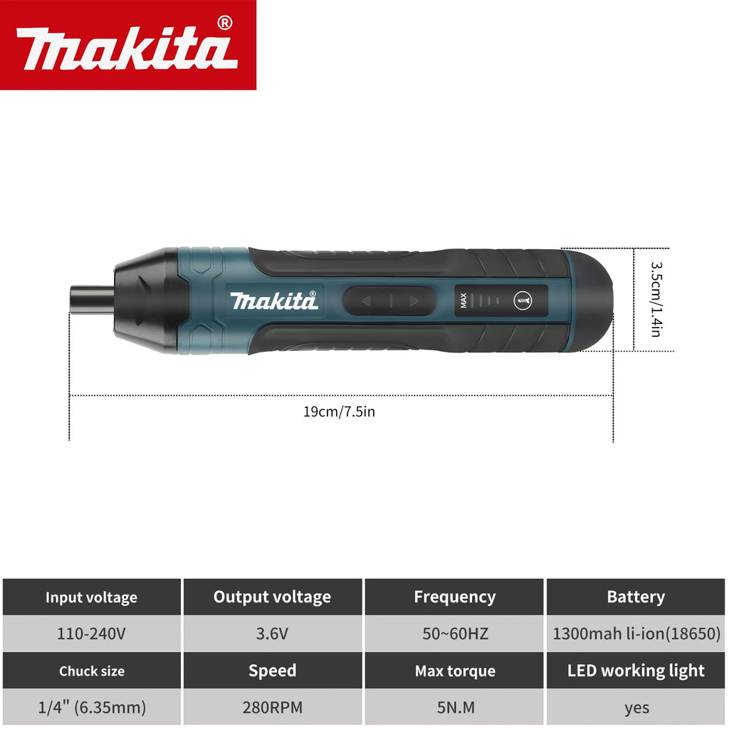 Cordless Electric Screwdriver 3.6V, 5 N·m Torque, 1/4" (6.35 mm) Chuck, 1300mAh Li-ion