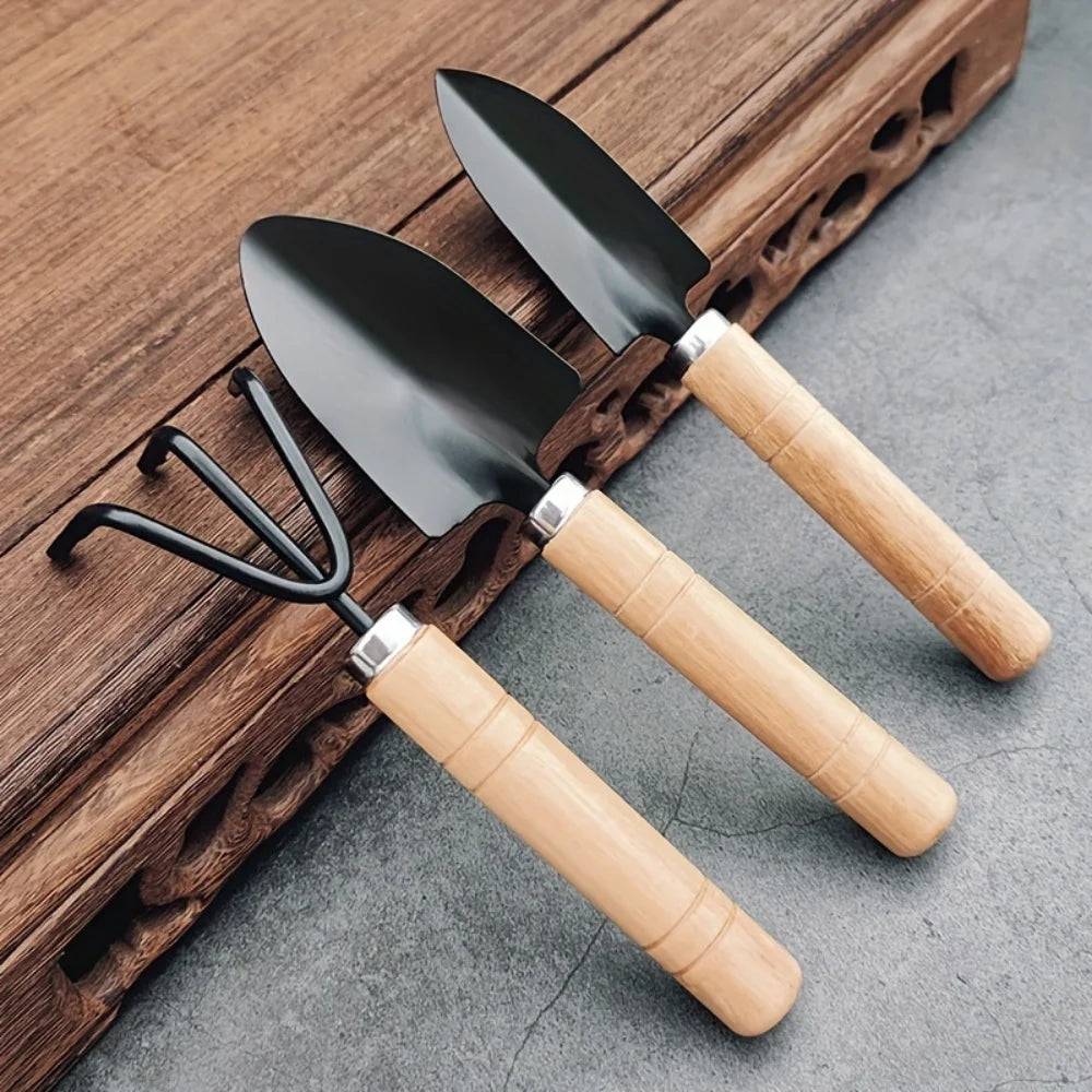 3-Piece Mini Garden Tool Set – Wooden Handle Trowel, Wide Shovel & 3-Tine Rake for Potting, Succulents & Balcony Plants