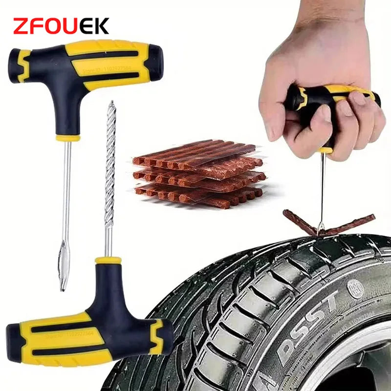 7/13-Piece T-Handle Tire Repair Kit - Tire Plug Repair Kit with Spiral Probe, Fork Tool, Repair Strips & Pliers for Car Motorcycle ATV