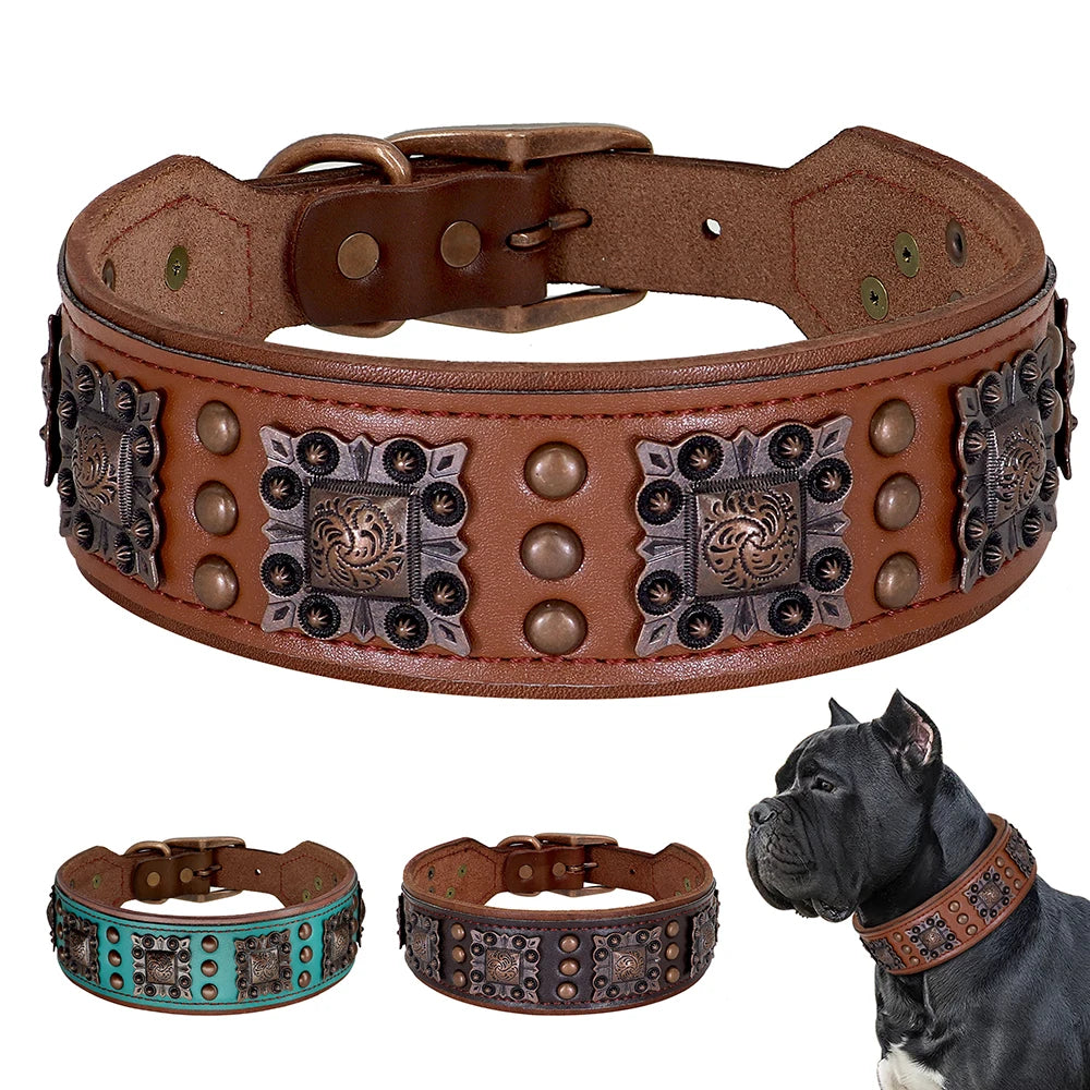 Genuine Leather Spiked Dog Collar – Adjustable L/XL for Medium & Large Dogs (Pitbull, Bulldog, German Shepherd) – Black Brown Green