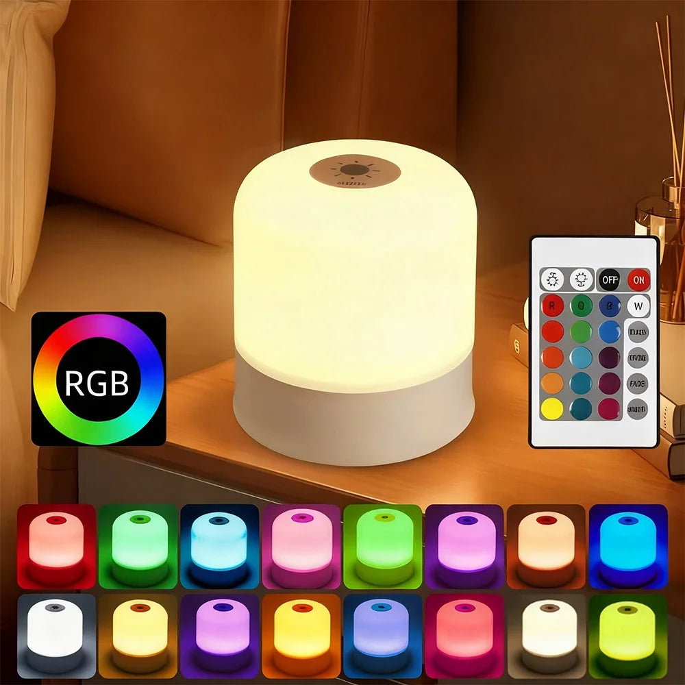 Dimmable LED Bedside Night Light – Rechargeable & Plug-In Touchscreen RGB Desk Lamp for Bedroom Reading
