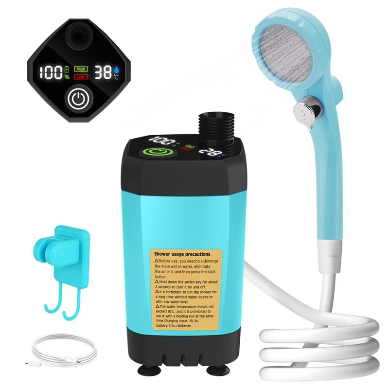 Portable 6000mAh Camping Shower Pump - Rechargeable RV Outdoor Shower Kit with Digital Display