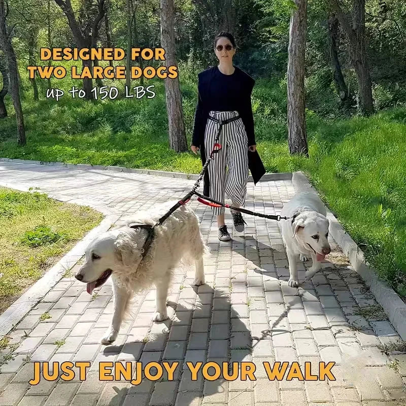 Dual Dog Leash Coupler - Padded Handles No-Tangle Bungee No-Pull Leash with 360° Swivel & Reflective Trim