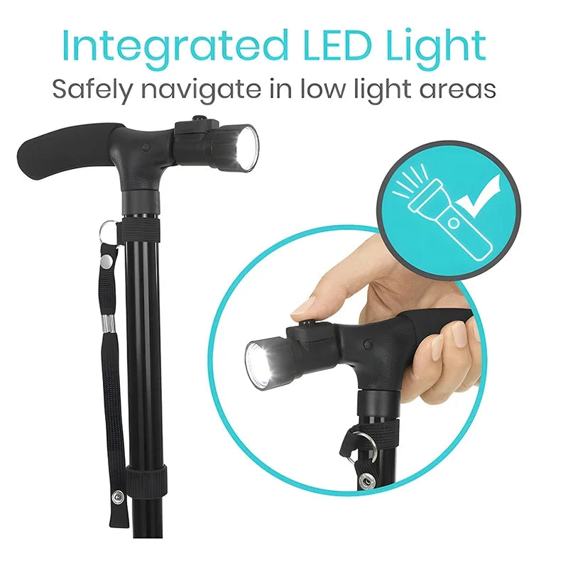 Adjustable Folding LED Walking Cane – Lightweight Aluminum, Anti-Slip Quad Tip, 32.3–37 in (82–94 cm), 250 lb Capacity