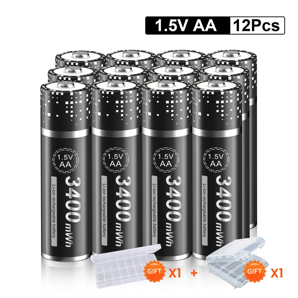 Rechargeable AA 1.5V Li-Ion Battery 3400 mWh (≈2267 mAh) Long-Lasting Power for Clocks, Wireless Mice and Toys