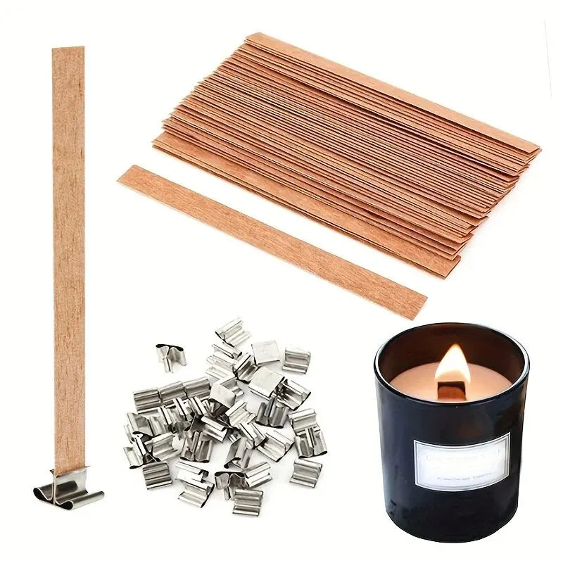 30-Pack Premium Wooden Candle Wicks with Metal Clip Bases for Candle Making – Paraffin & Beeswax Smokeless Wicks