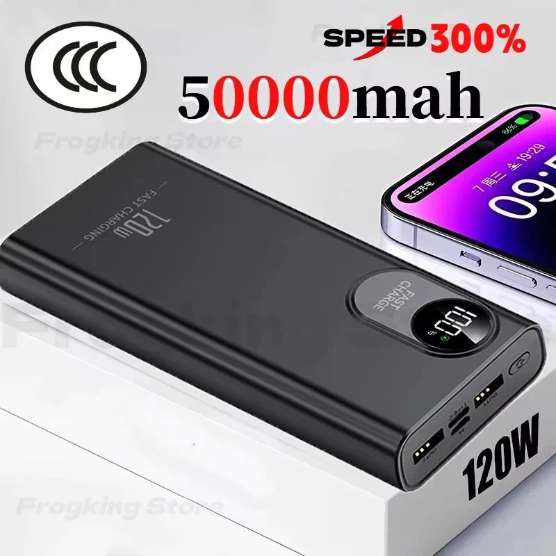 50000mAh 120W Portable Power Bank with Digital Display, Built-in Cables & Wireless Charging — Fast USB-C & Lightning