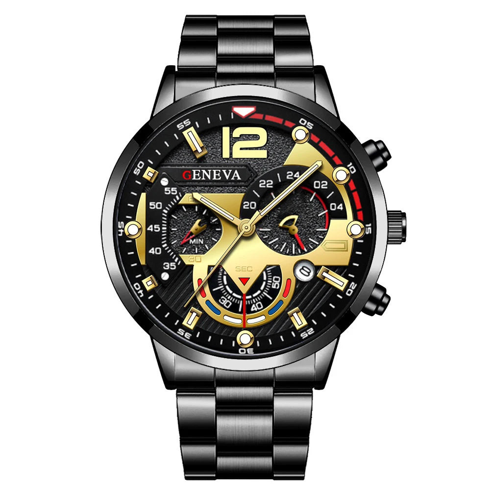 Men's Stainless Steel Analog Quartz Watch with Calendar - 42mm Case, Folding Clasp