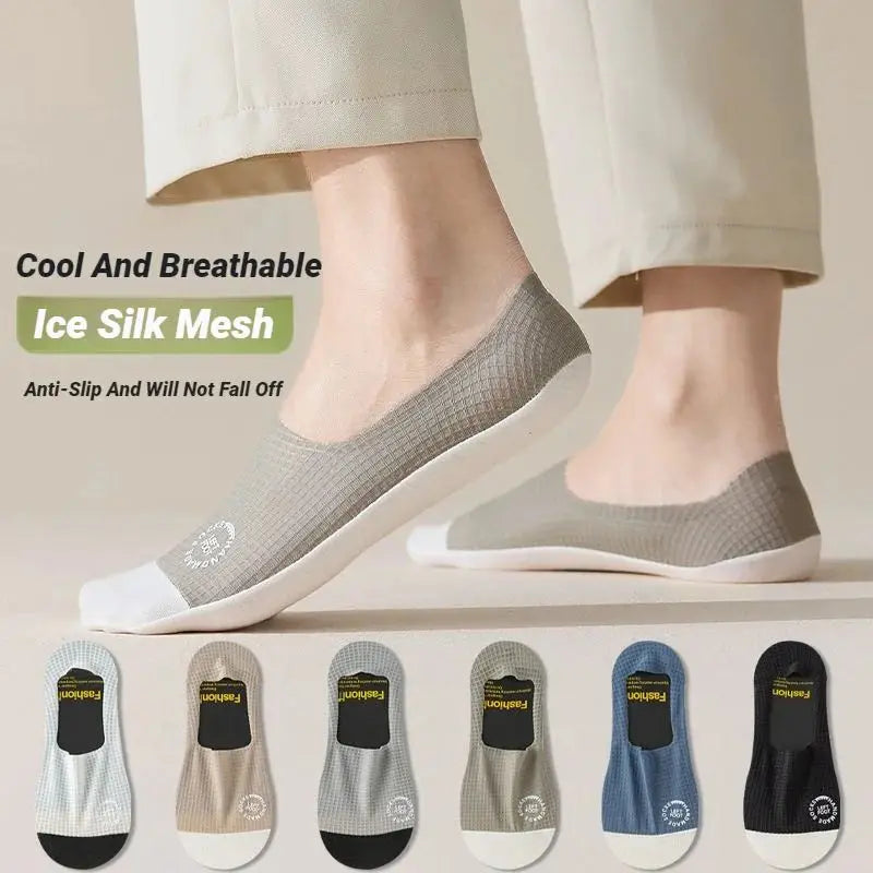 3 Pairs Men's No-Show Waffle Pattern Boat Socks – Breathable Ice Silk Mesh, Sweat-Absorbing, Non-Slip Silicone Heel