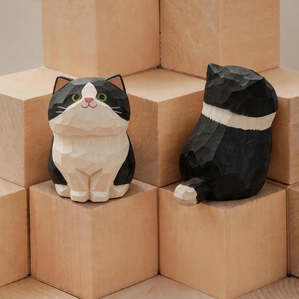 Set of 13 Hand-Carved Wooden Cat Figurines – Basswood Kitty Statues for Desk, Shelf, Car & Home Decor