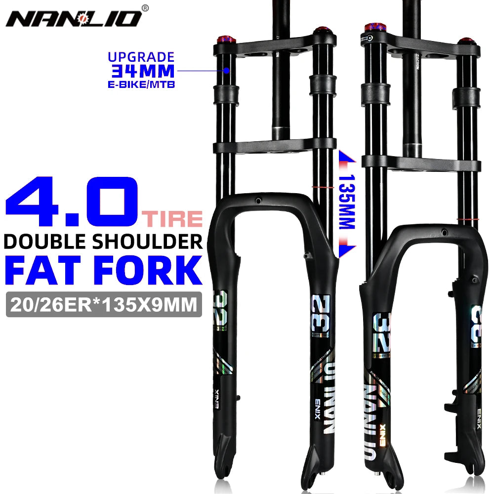 E-Bike Snow Front Suspension Fork 20x4.0 / 26x4.0 in | 135mm Dropout | Air + Oil MTB Fork, 330mm Travel