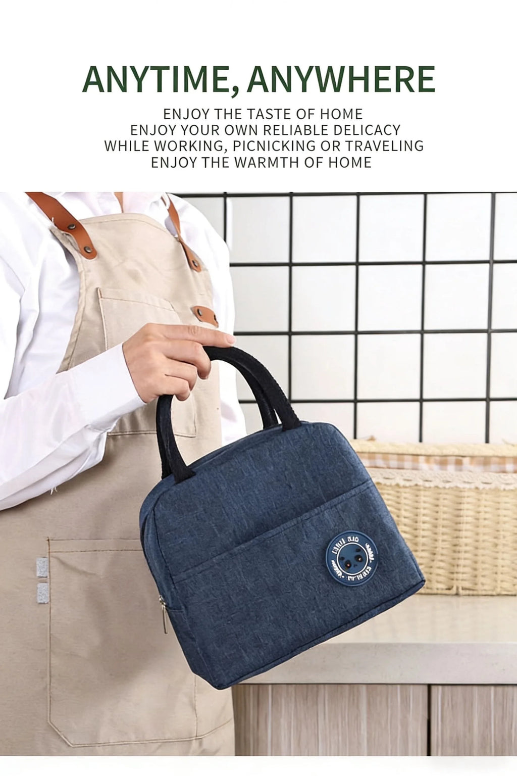 Insulated Bento Lunch Bag with Ice-Pack Pocket - Portable Thermal Cooler Tote for Students, Oxford Cloth
