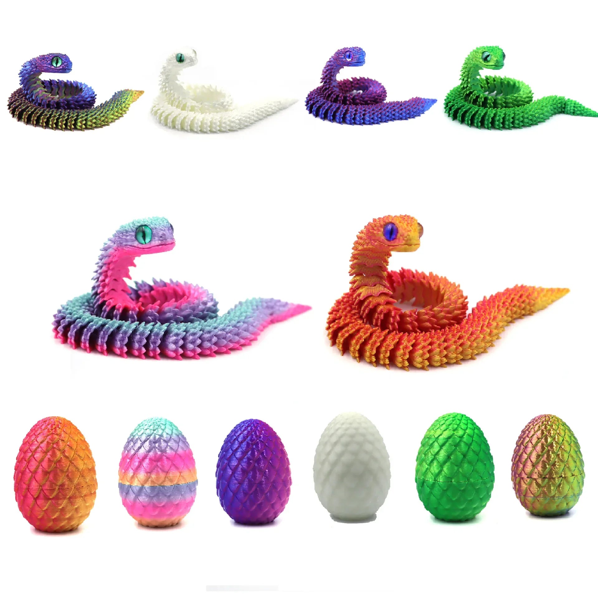3D Printed Articulated Snake & Dragon Egg (22 cm / 8.7 in snake, 8 cm / 3.1 in egg) — Movable Joint Desktop Ornament, Fidget Toy & Anime Collectible