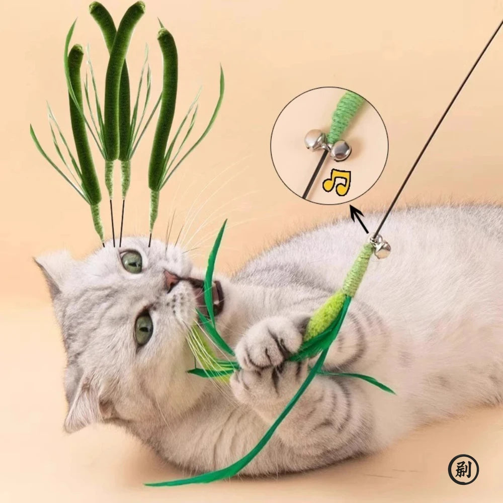 Interactive Feather Wand for Cats – 19.7 in (50 cm) Sage Tail Grass Teaser Stick, Bite-Resistant Sound Toy for Kittens