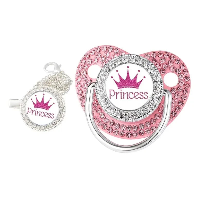 Rhinestone Pacifier Clip with Lid Silicone Newborn Pacifier Holder Princess Crown Bling Infant Shower Gift