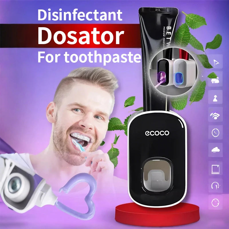 Automatic Wall-Mounted Toothpaste Dispenser with Toothbrush Holder — Suction Adhesive, Black/Gray
