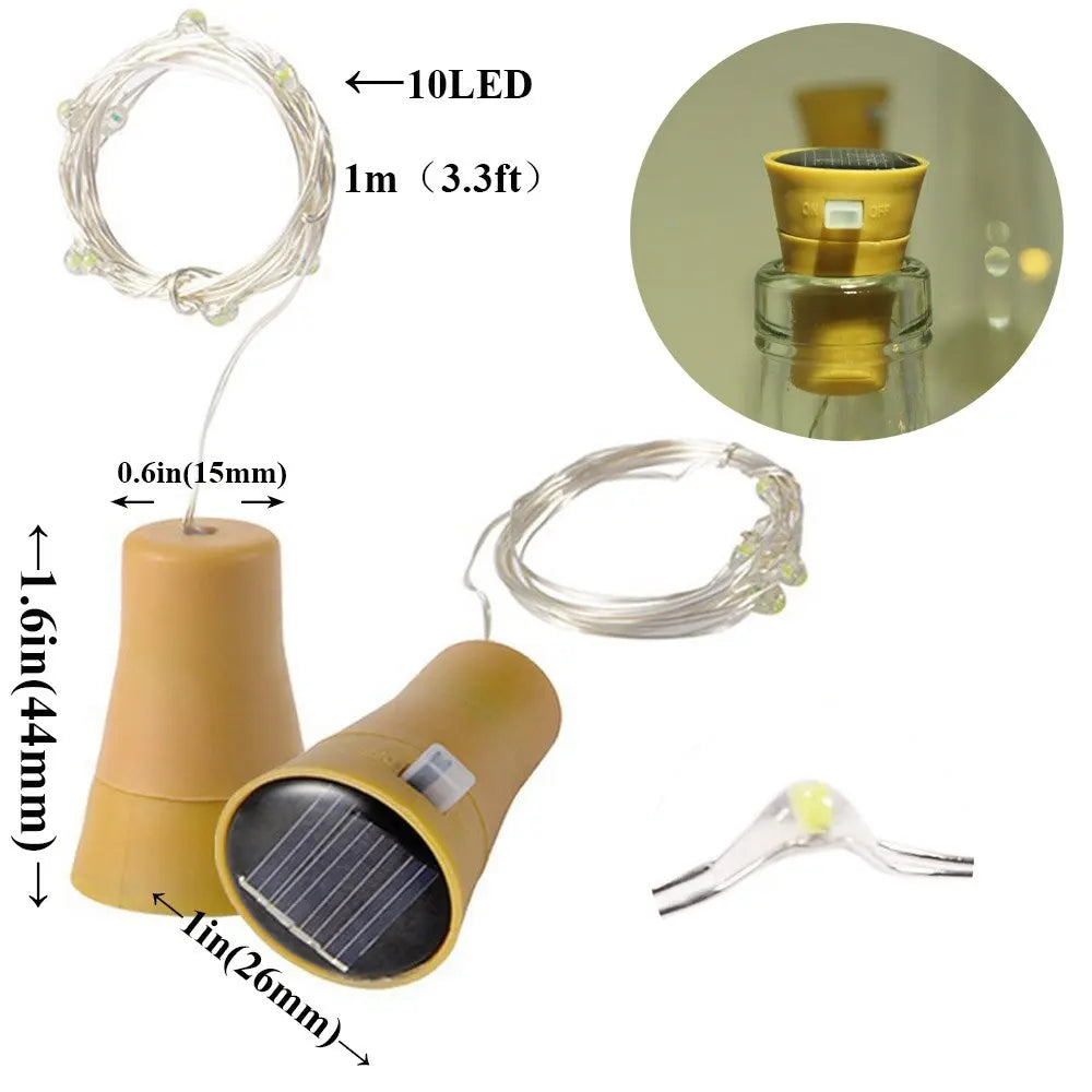 Solar Wine Bottle Cork String Lights — 10/15/20 LED Copper Wire Fairy Lights for Wedding, Party & Garden